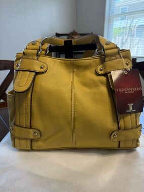 Tignanello Leather Hobo Tote Mustard Yellow | Tags Attached | Silver Hardware